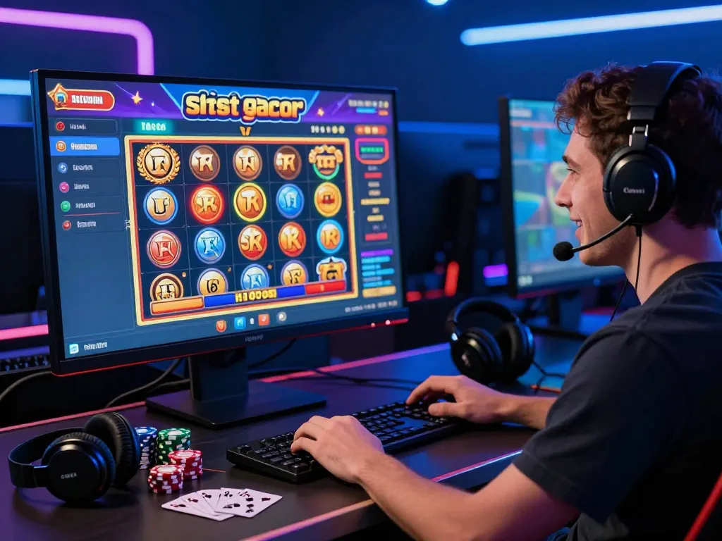 Gambaran menarik seorang pemain yang menikmati situs slot gacor dengan grafik permainan slot yang cerah dan pengaturan permainan yang mengundang.