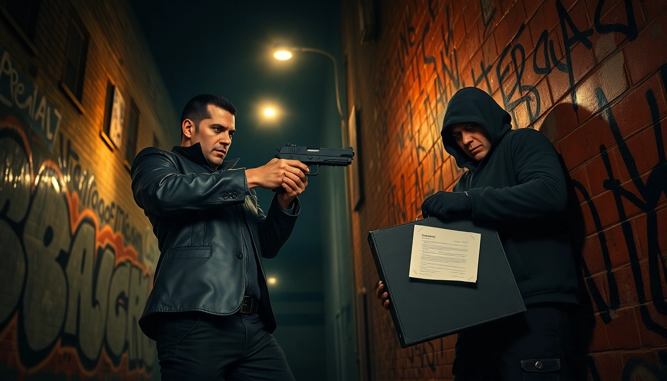 Action-packed moment featuring Politics Thieves and Bullets in a dramatic urban showdown.