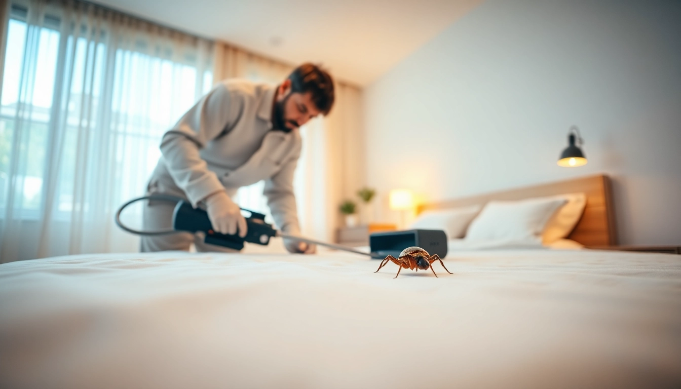 Bed bug extermination near me with a professional exterminator inspecting a bed.