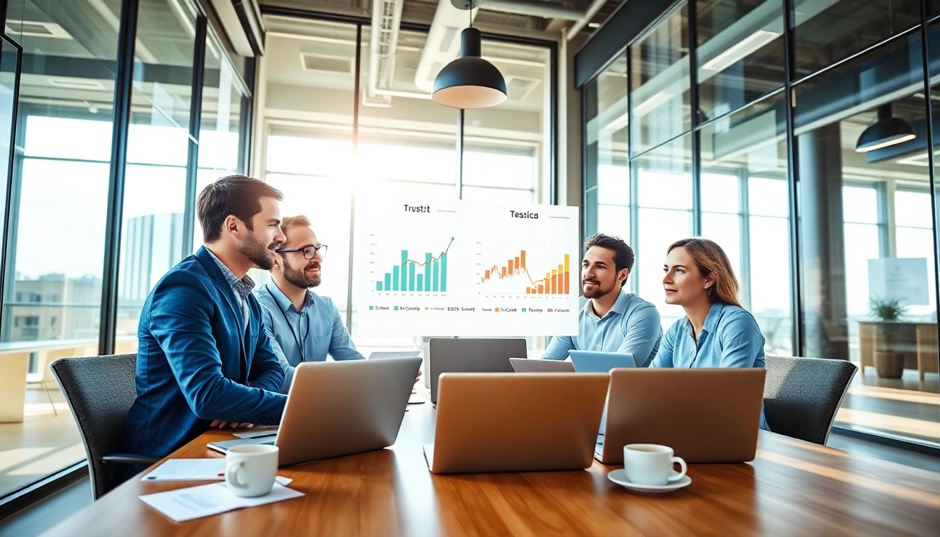 Analyze SEO performance data with a professional team in a bright office setting.