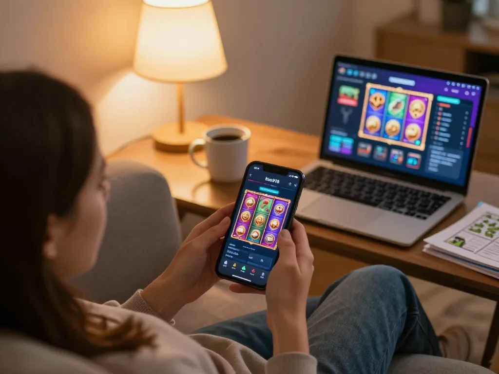 Pemain berinteraksi dengan aplikasi kiss918 apk original di telefon pintar, menikmati permainan kasino mudah alih dalam suasana rumah yang selesa.