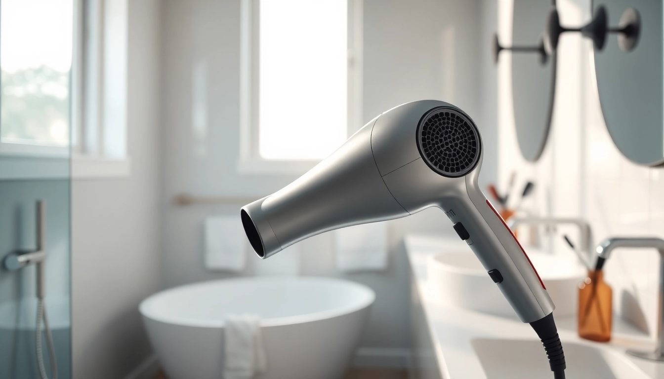 Using a hair dryer for fine hair positioned in a modern bathroom setting.