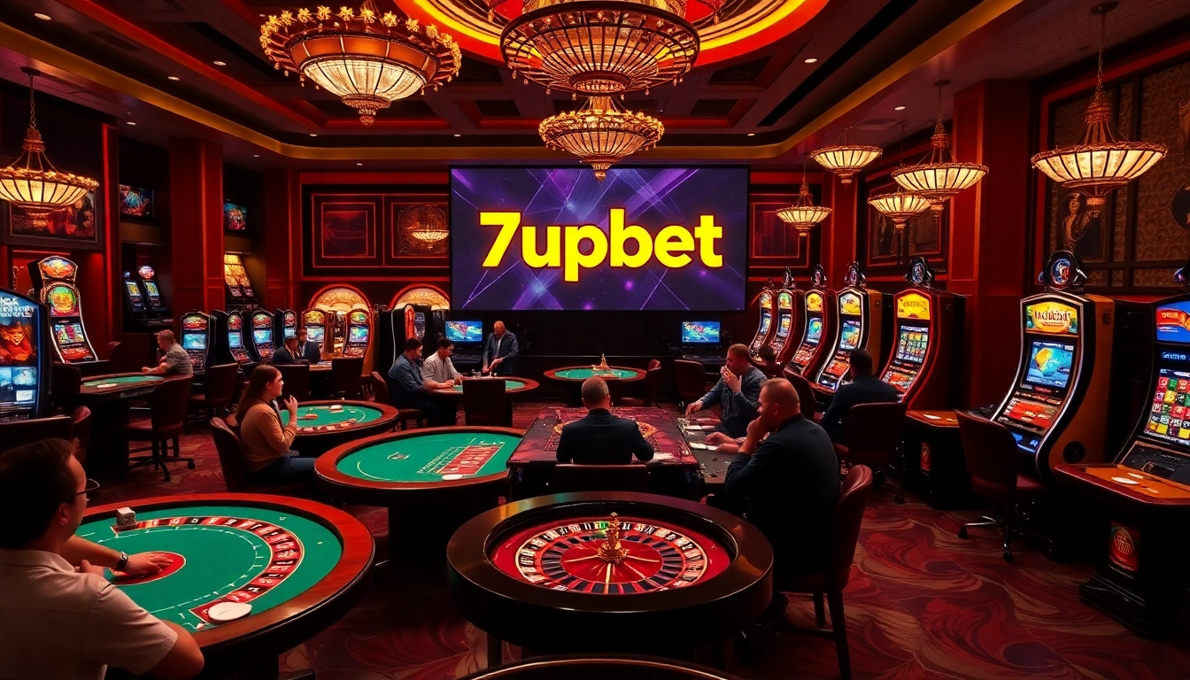 Players enjoying casino games with 7upbet branding, showcasing excitement and luxury.