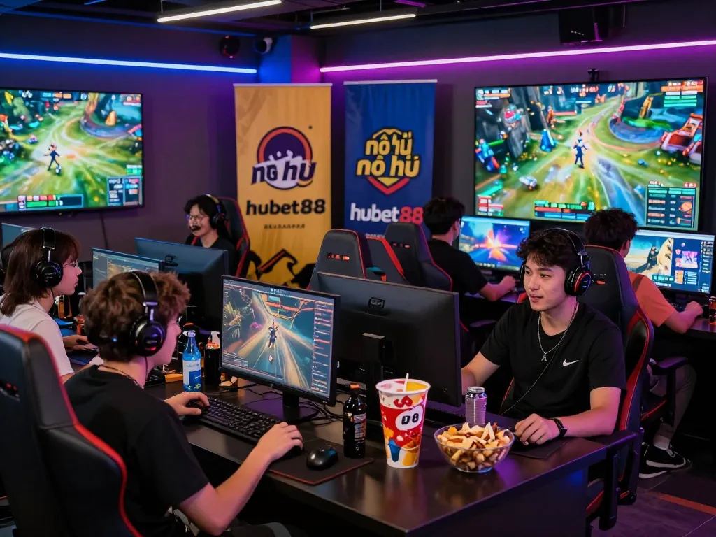 Excited gamers enjoying nổ hũ hubet88 in a lively esports lounge with vibrant neon lighting.
