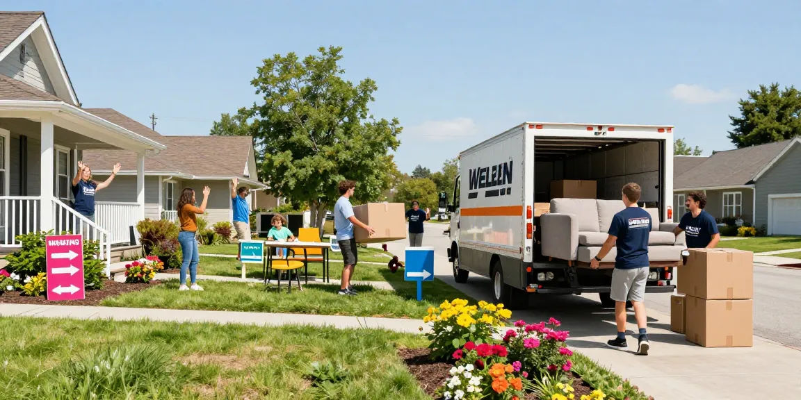 Wellen moving services helping a family on moving day with cheerful movers and a packed truck in a suburban setting.