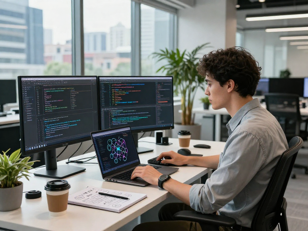 Developer immersed in AI coding at a modern workspace, showcasing crush on ai innovation.