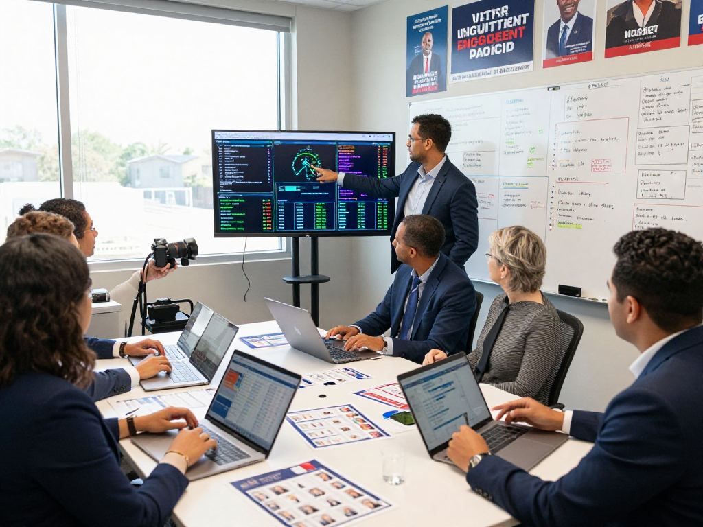 Voter engagement analytics visualized in a busy campaign office, showcasing diverse team collaboration.