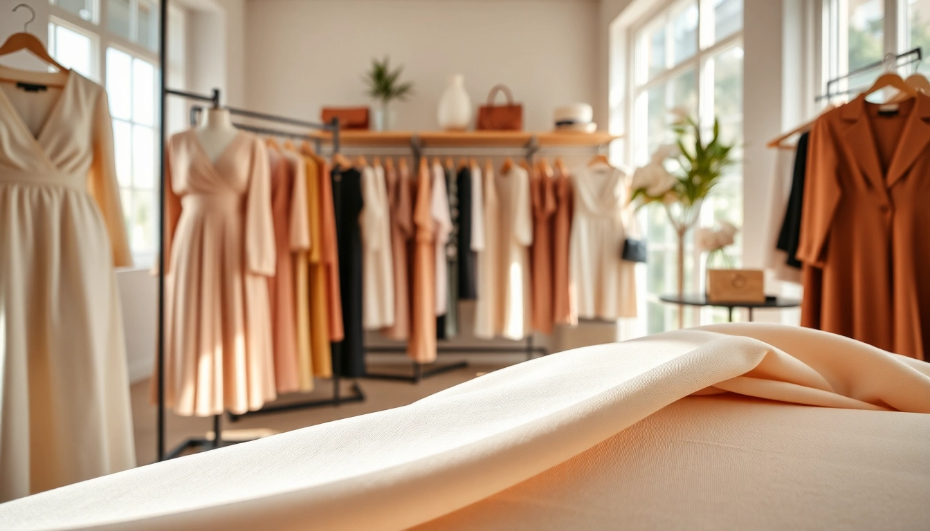 Rivelle fashion pieces showcased in a bright boutique with elegant textures and colors.