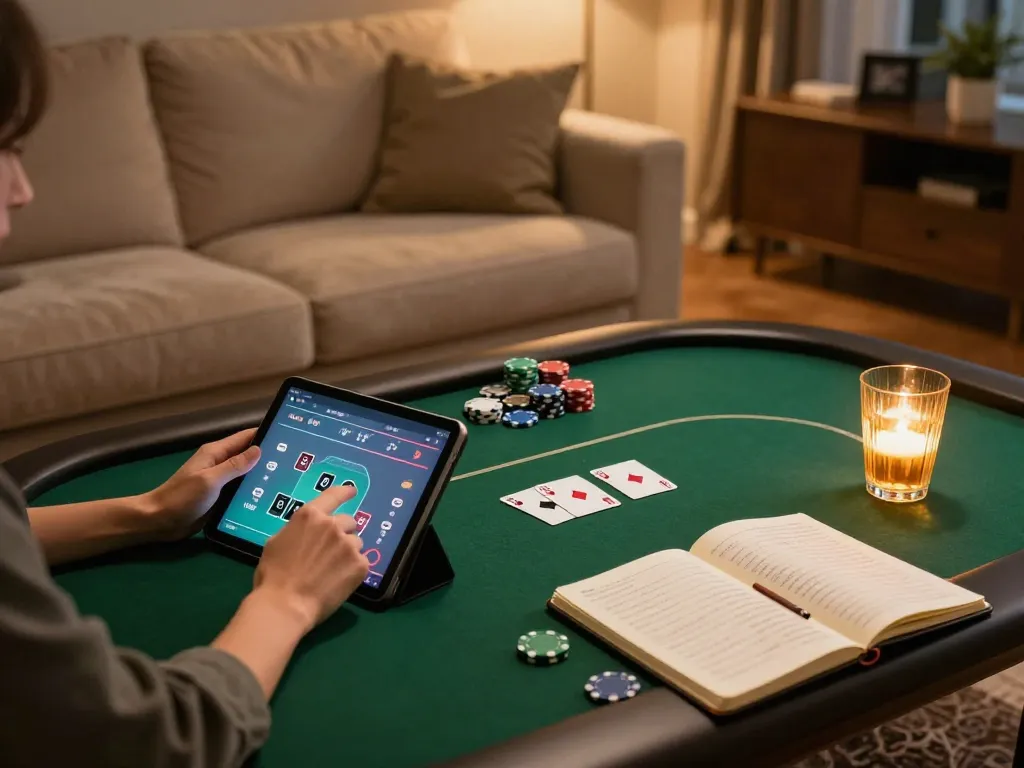 Engaging gameplay with hitclubapk on tablet, showcasing strategic poker session at home.