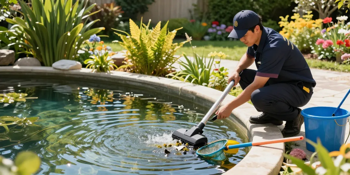 Pond Clean Essex services depicted by a pond expert cleaning a vibrant garden pond, showcasing tools and a beautiful natural setting.