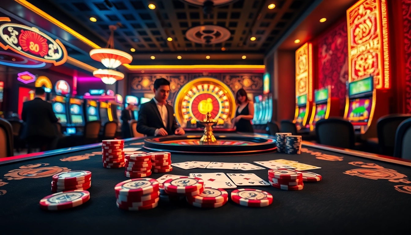 Exciting casino gameplay scene featuring xin 88 with poker chips and slot machines.