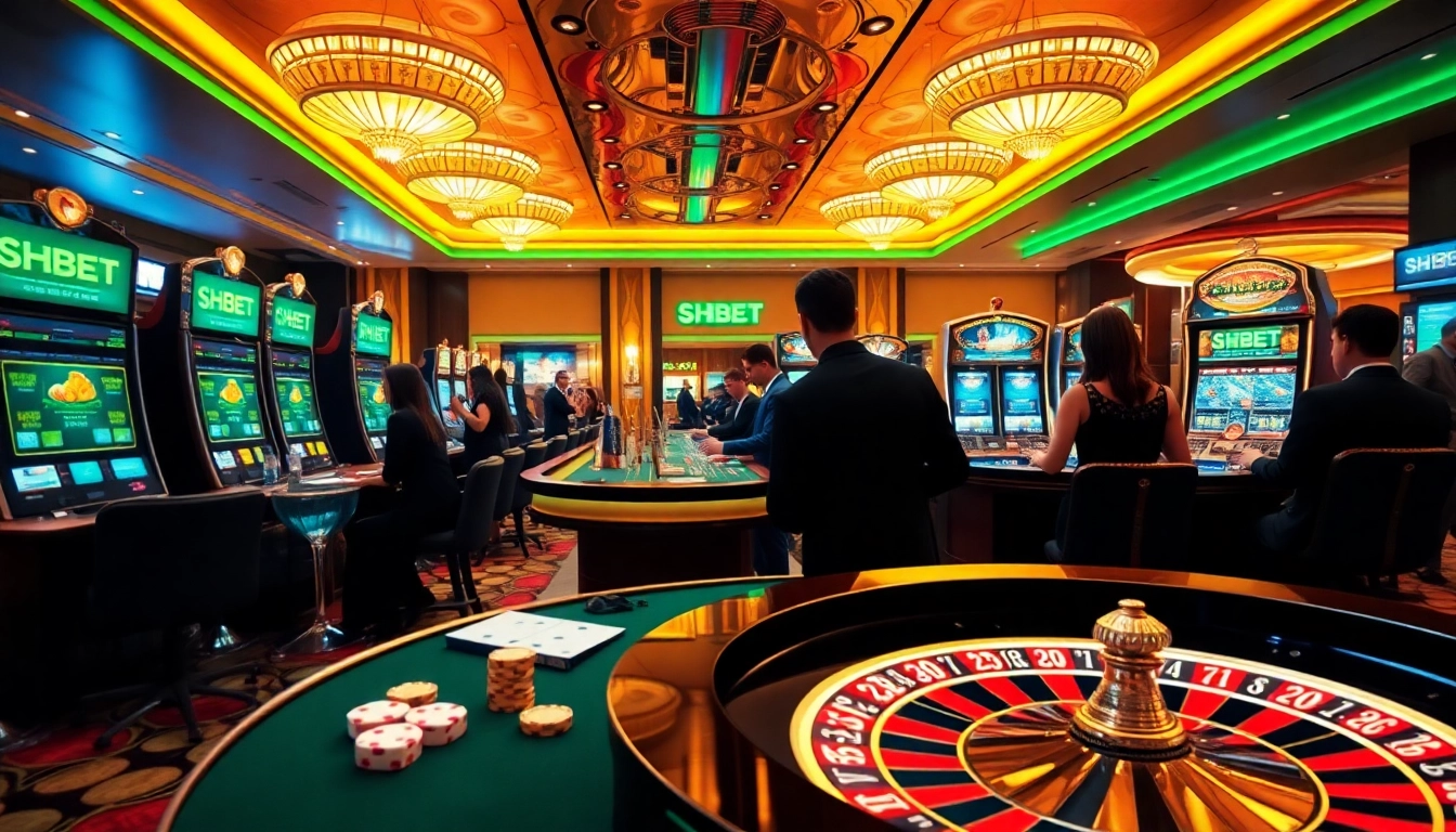 Experience the excitement of gambling at SHBET with vibrant casino tables and lively gaming action.