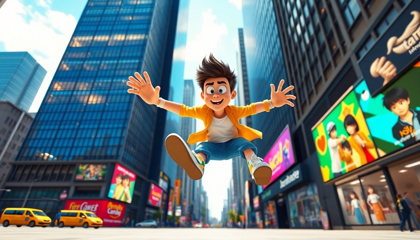 3D Animation character dynamically engaging in a vibrant urban setting with skyscrapers.