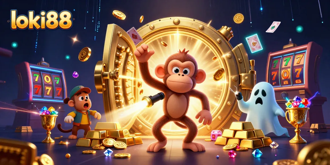 Experience loki88's haunted casino with a golden monkey and puppy in pursuit.