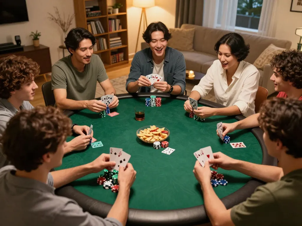 DEWALIVE players engaged in an exciting home poker night, showcasing camaraderie and strategic gameplay.