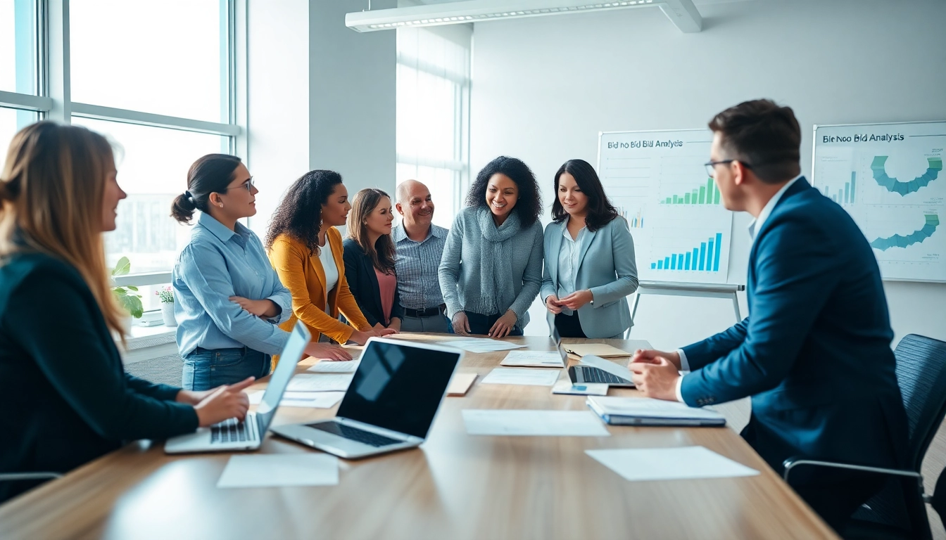Group discussion on Bid-No-Bid Analysis with charts and documents in a modern office setting.