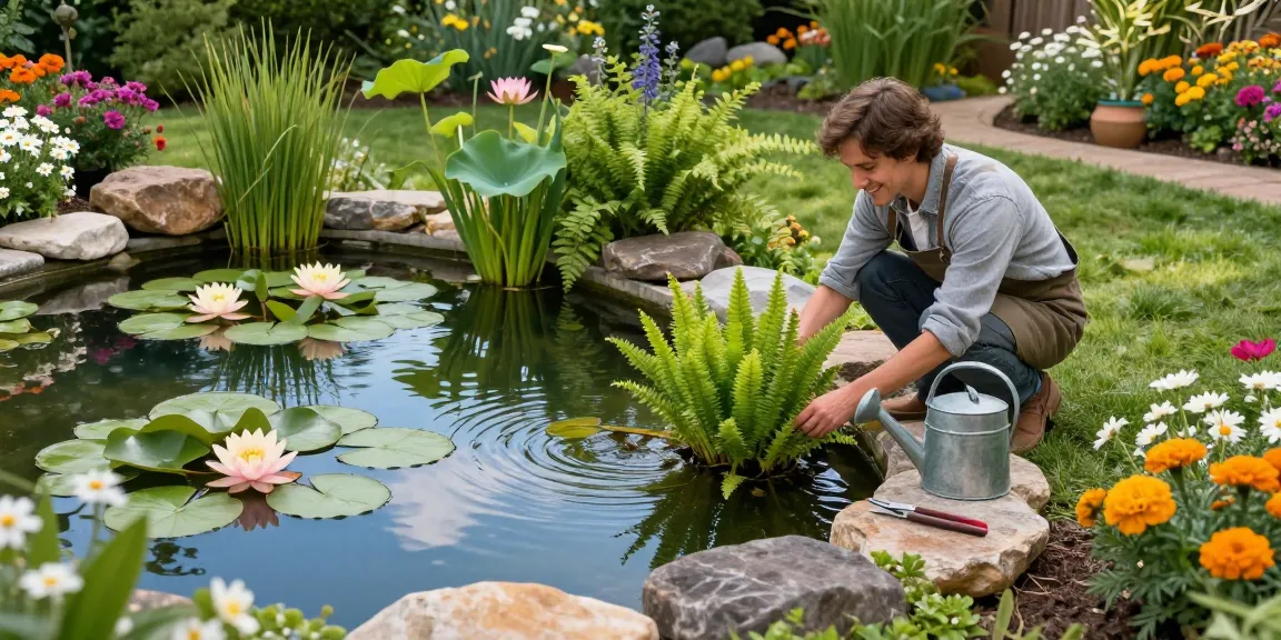 Pond plants flourishing in a serene garden with a gardener tending to aquatic flora.