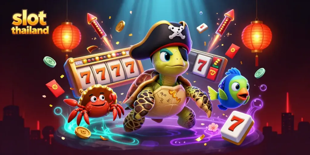 Spin to win with slot thailand in this vibrant arcade-inspired illustration featuring lucky symbols.