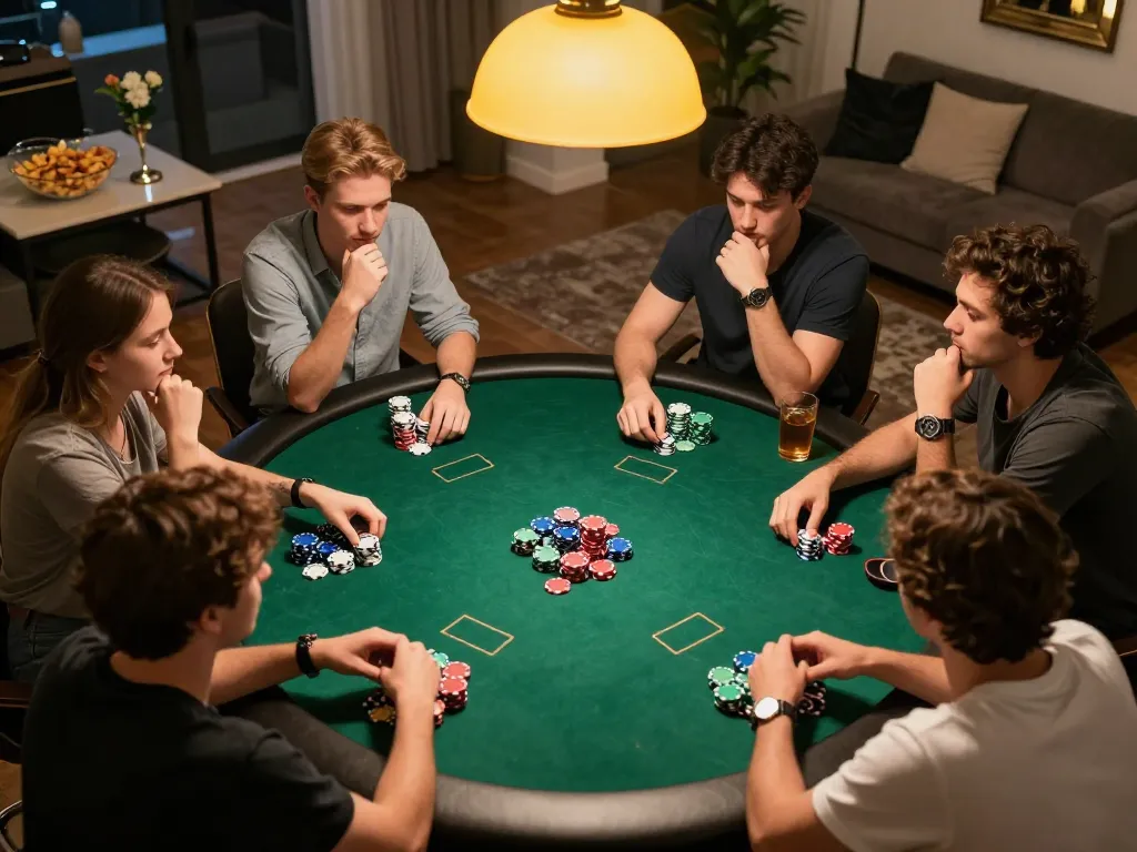 Paris888 players calculating strategies during an energetic poker game night at home.