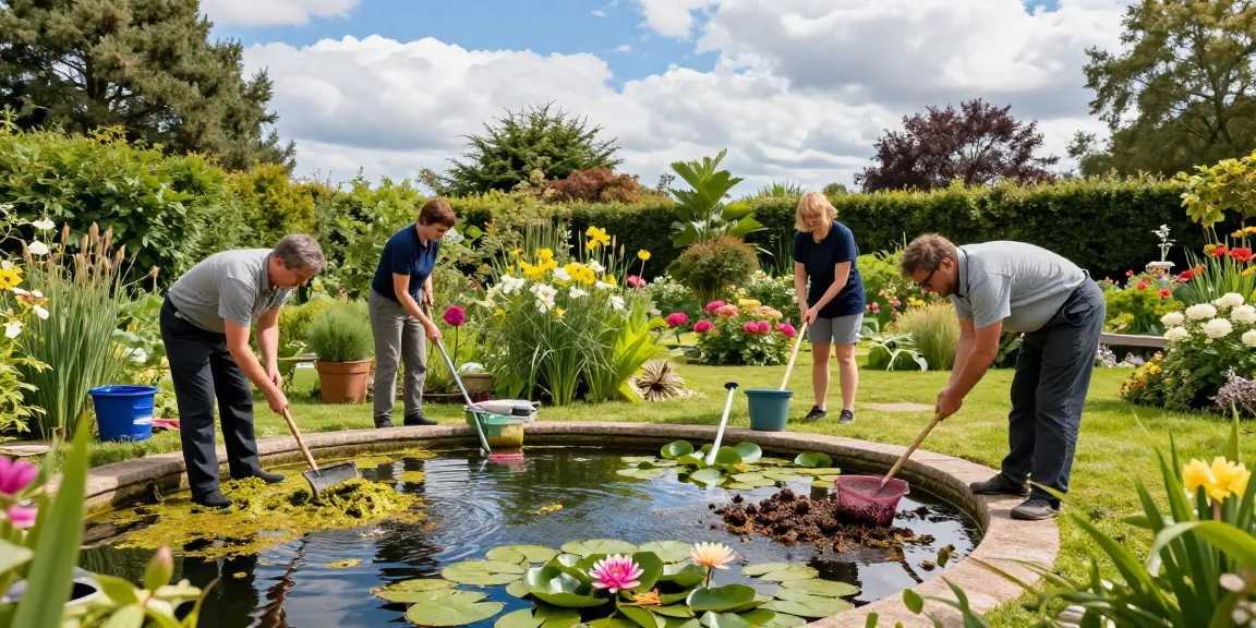 Pond Clean Essex team skillfully cleaning a vibrant garden pond, surrounded by greenery and water lilies.