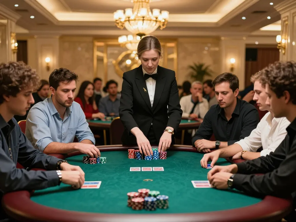Pemain yang terlibat dalam permainan poker tegang di meja kasino mewah, menampilkan kesenangan dan strategi.