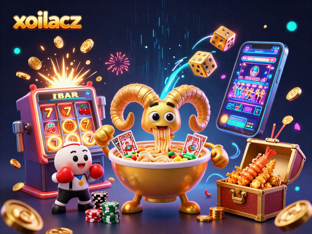Experience exhilarating gaming with xoilacz avatars in a packed casino-themed illustration.