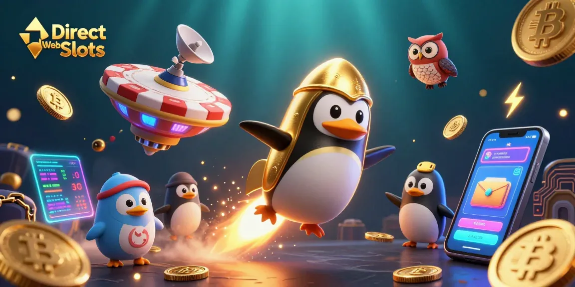 Experience the thrill of Direct Web Slots with our golden penguin cruising through a vibrant casino universe.