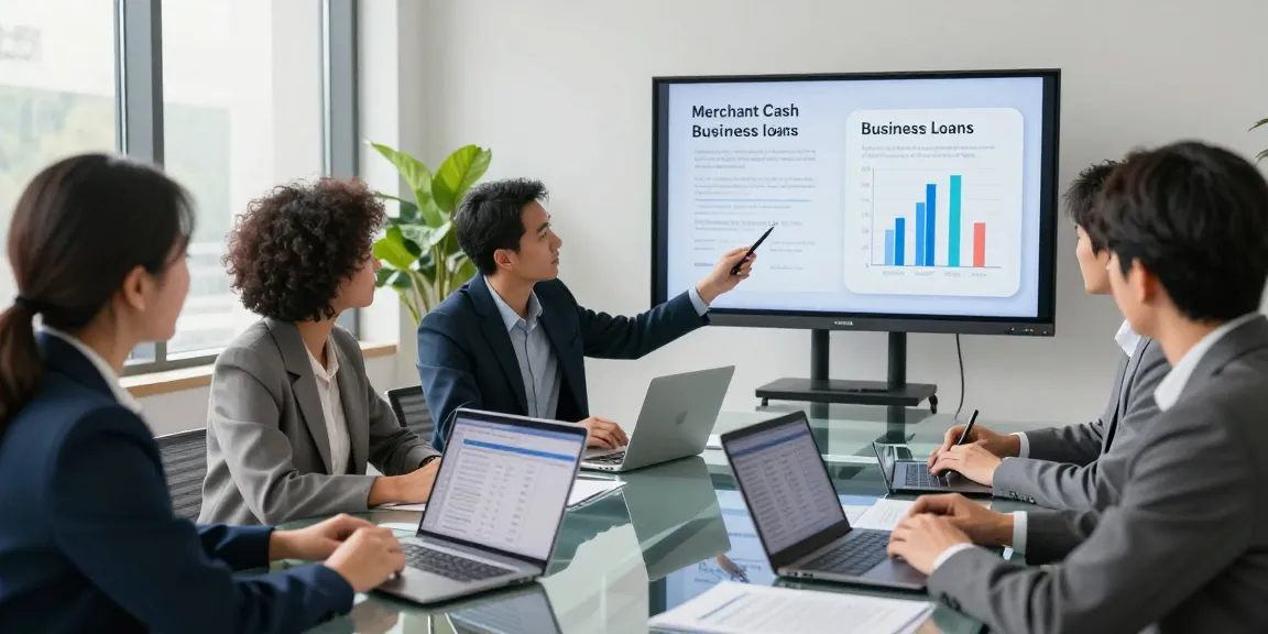Business team discussing merchant cash advance vs business loan differences in a modern office.