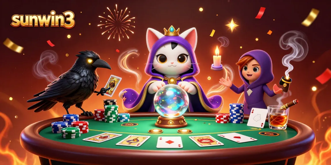 Experience the magic of sunwin3 with a dynamic 3D casino scene featuring a fortune teller cat and poker elements.