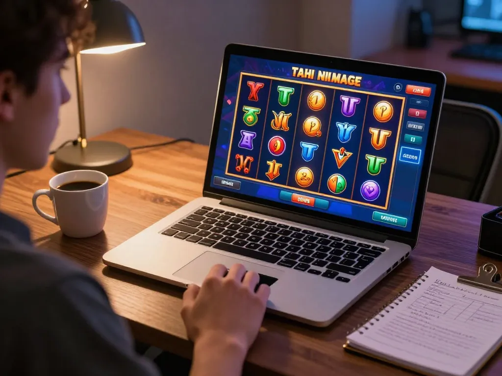 Engaging online slot online experience with player ready to spin reels.