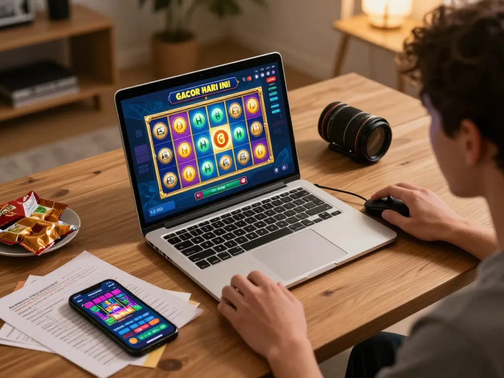 Engaging gameplay on laptop revealing slot gacor hari ini in an immersive online gaming setup