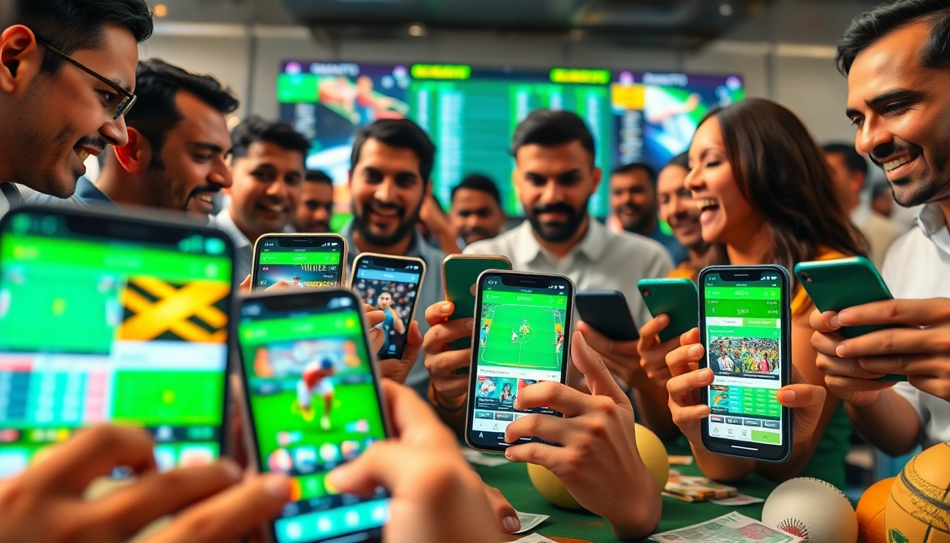 Engaged bettors using sports betting sites India apps on smartphones, showcasing live sports betting excitement.