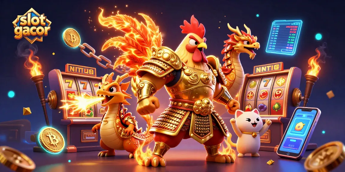 Experience slot gacor excitement with a dynamic 3D illustration of cartoon characters, slots, and cryptocurrencies.