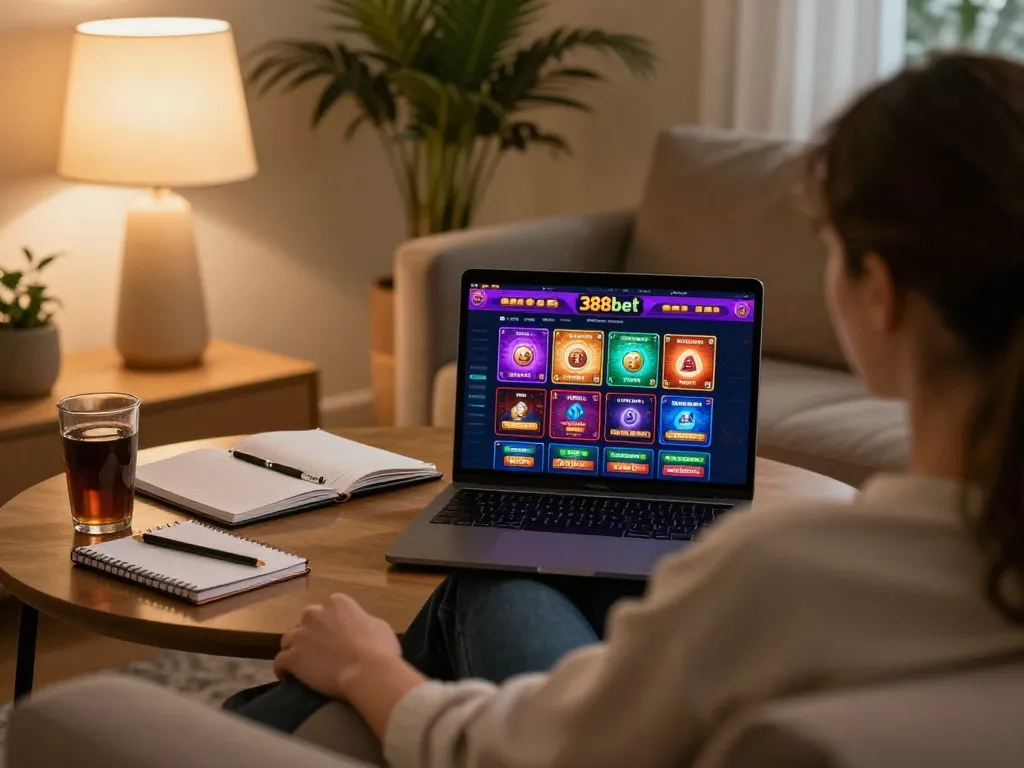 Player engaging with 388bet online casino on a stylish laptop, showcasing a strategic gaming atmosphere