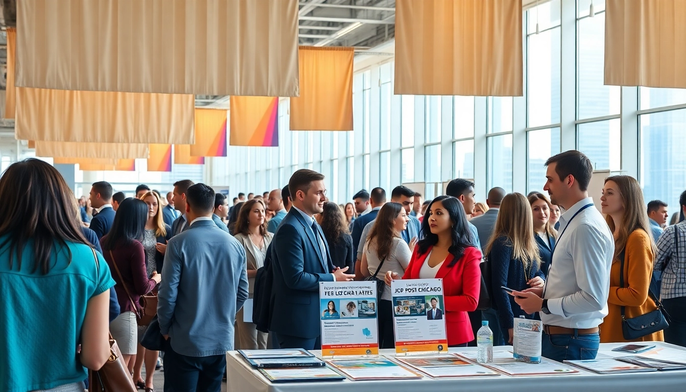 Engaging scene of a job fair highlighting free job post chicago with diverse individuals networking.