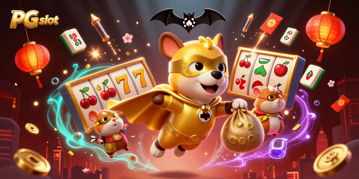 Experience the thrill of PG slot with playful characters amidst dynamic casino elements.