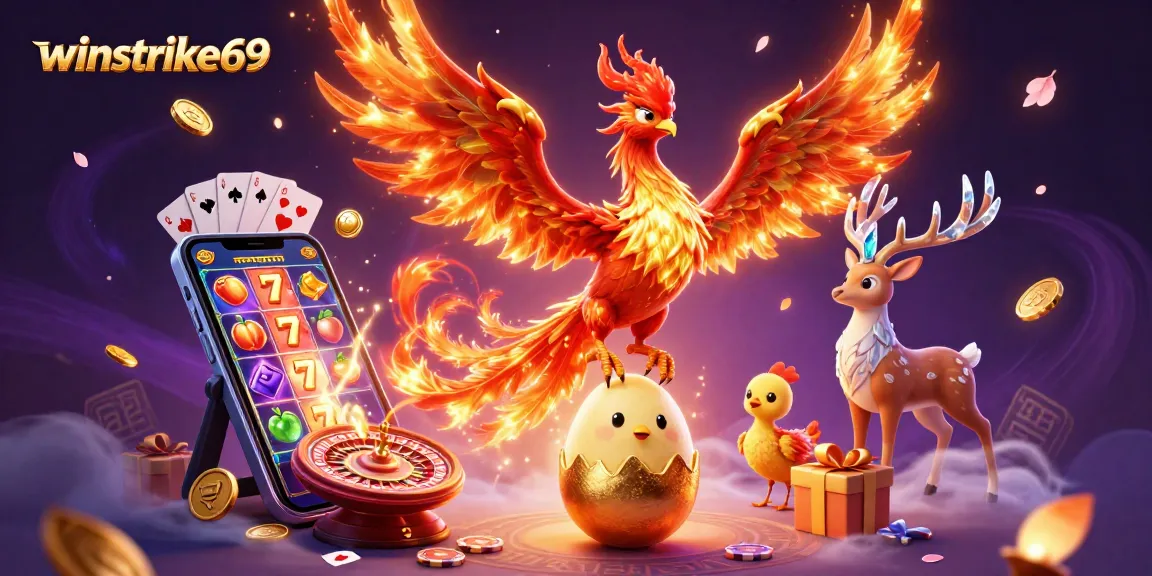 Engage in vibrant slot action with winstrike69, featuring a phoenix and dynamic gaming elements.
