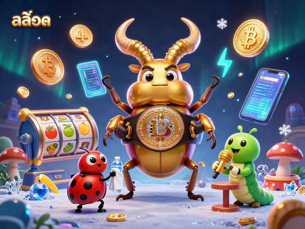 Spin the สล็อต reels with a giant golden stag beetle champion in a vibrant casino scene.