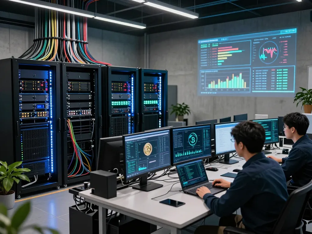 AI crypto mining operation in a modern data center with advanced technology and analytics.