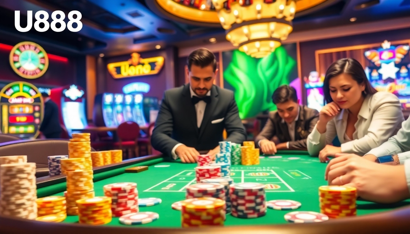Gambling at Nhà cái U888 with colorful casino tables, chips, and an inviting atmosphere.