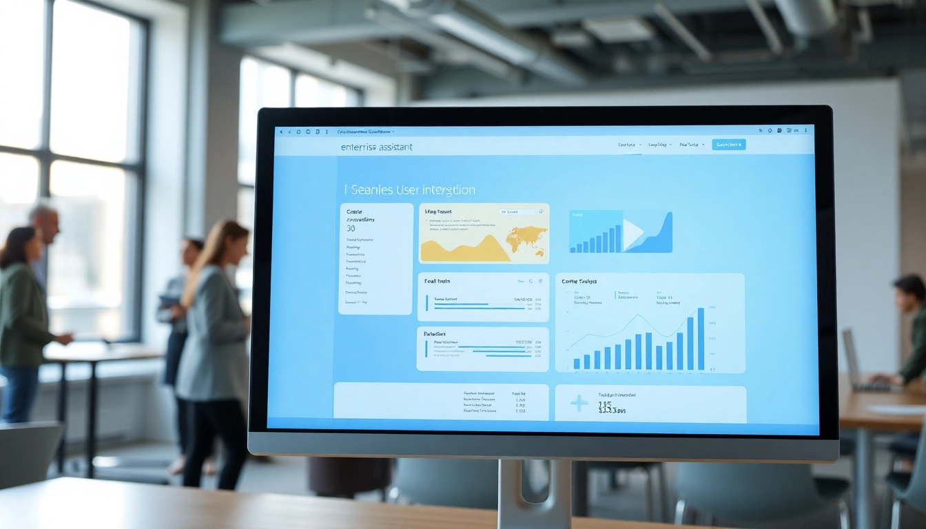 Showcasing an enterprise assistant SaaS software interface in an engaging office environment.