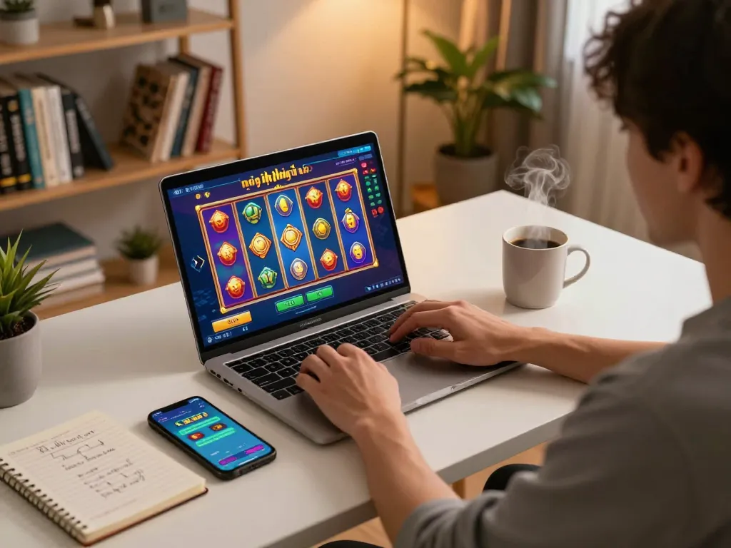 Engaging in nổ hũ gaming on a laptop, showcasing vibrant slot reels and jackpot fun.