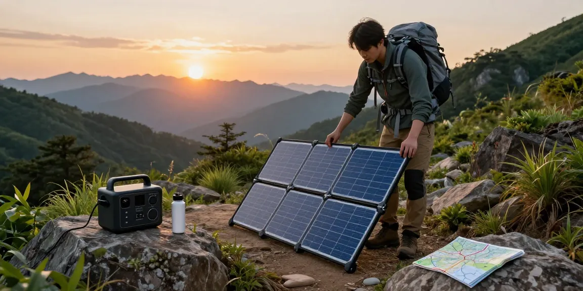 Hiker using a foldable solar panel to charge devices in a scenic mountain landscape.