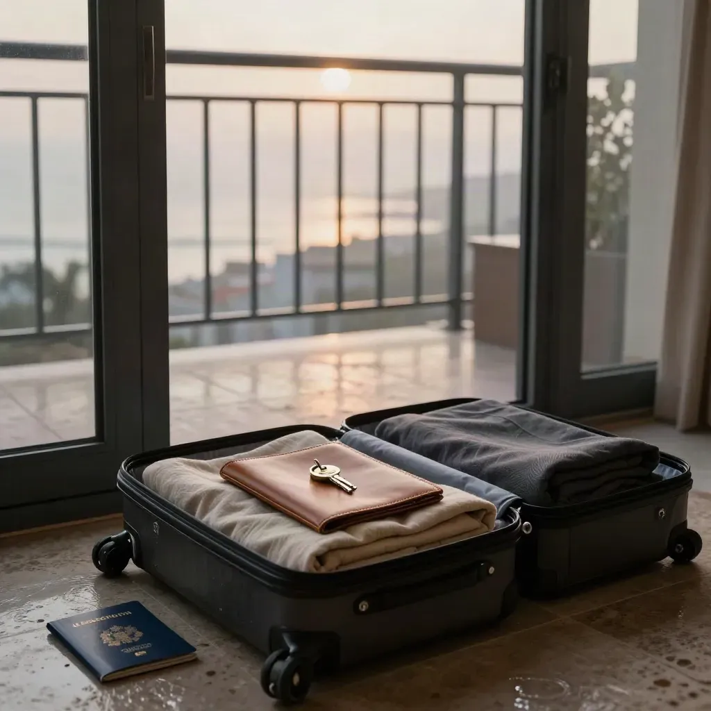 Luxury travel suite with packed carry-on, leather folio, brass key, and misty city balcony at dawn.