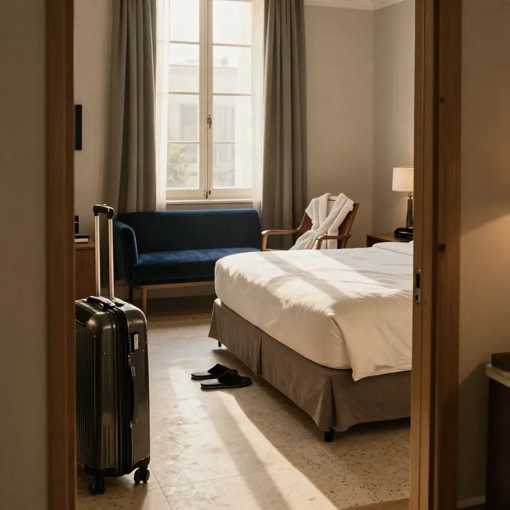 Boutique hotel suite turned down with king bed, robe, slippers, and suitcase by the wall.