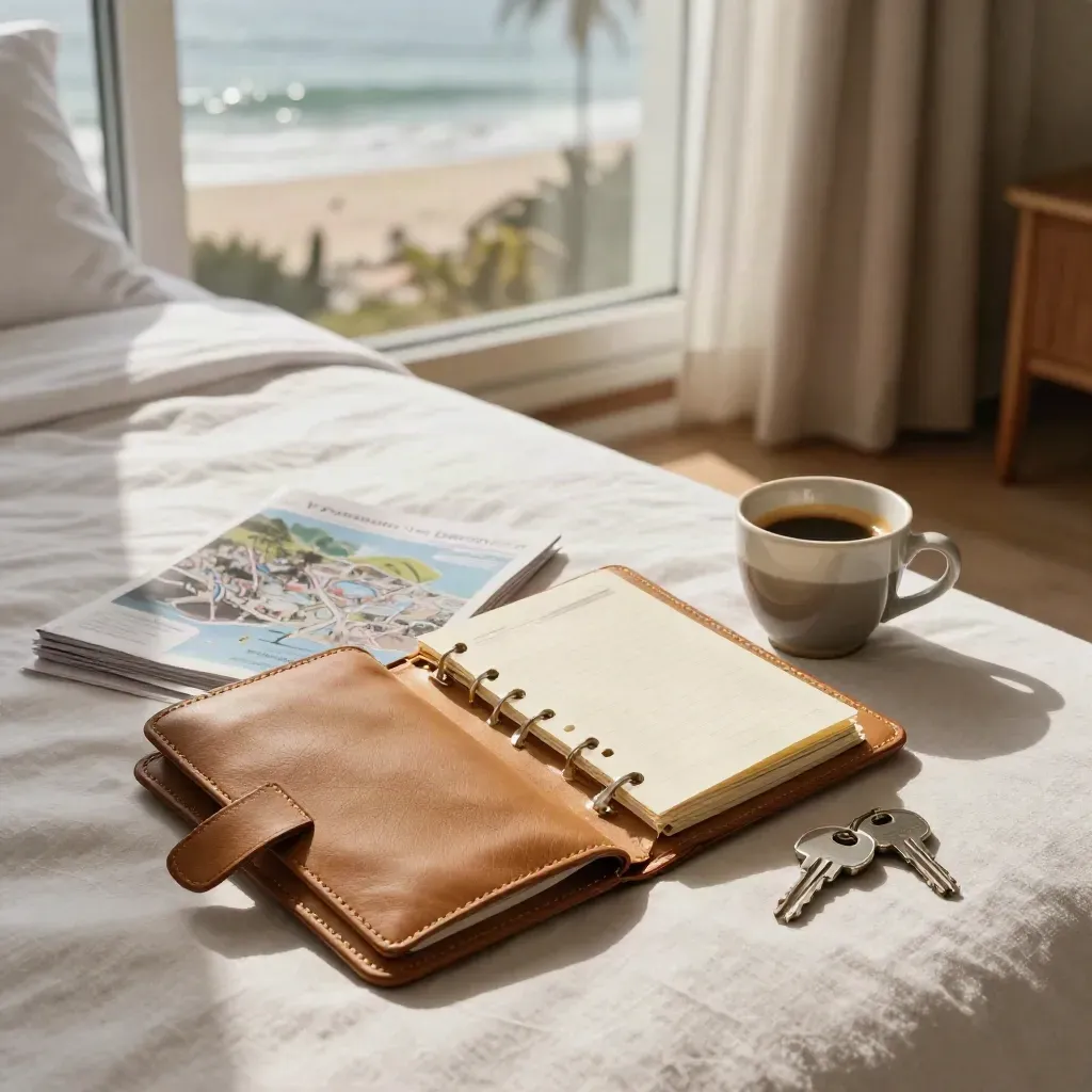 Boutique coastal suite with open trip folio, city guide, espresso cup and keys by a bright panoramic window.