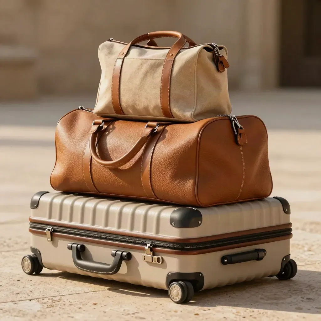 Stacked vacation luggage on pale stone in warm sunlight, ready for departure.