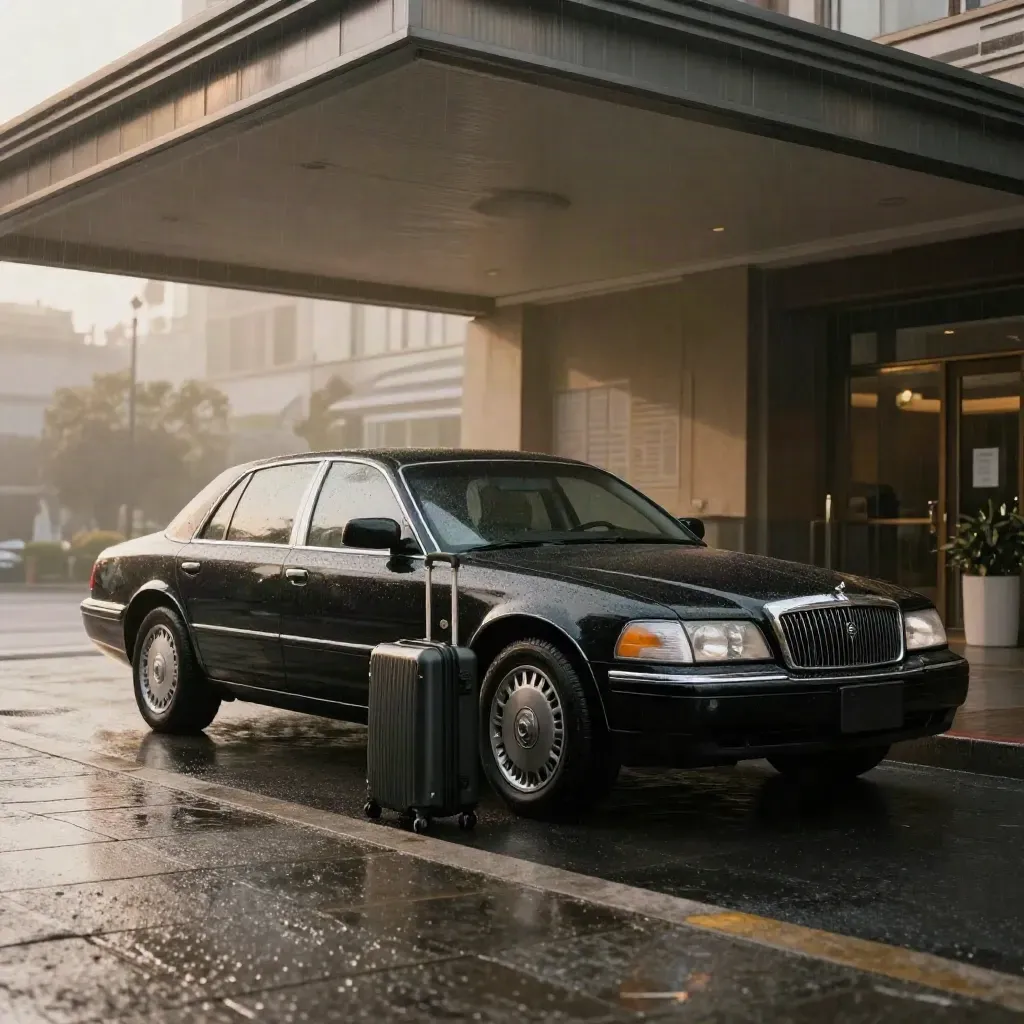 Black sedan under a rainy hotel porte-cochère beside a carry-on suitcase.