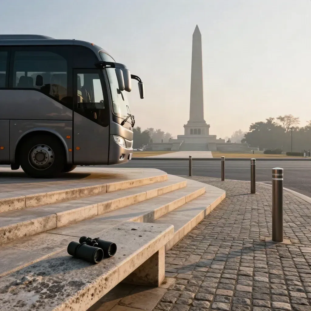 A parked tour coach by stone landmark steps with a binocular case on a bench at dawn.