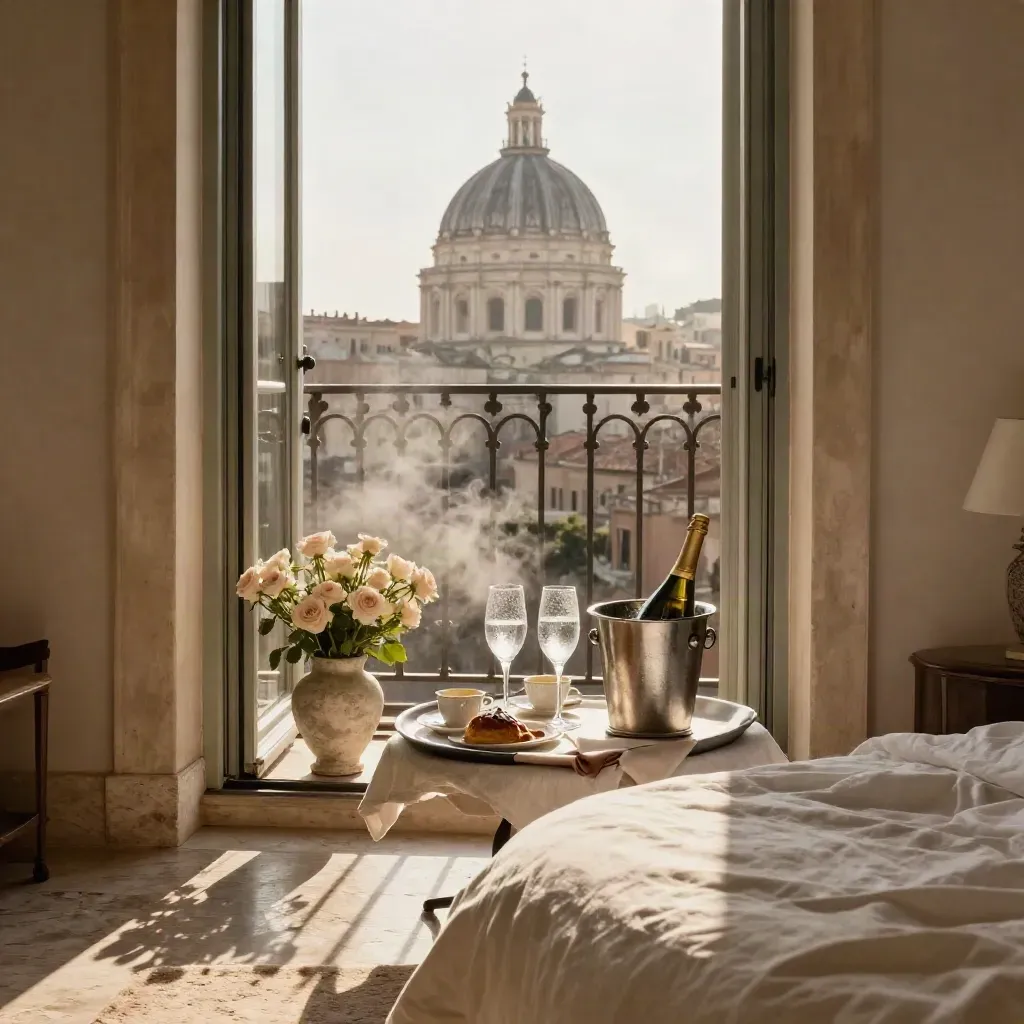 Roman suite balcony with roses, champagne, two glasses, and breakfast at sunrise.